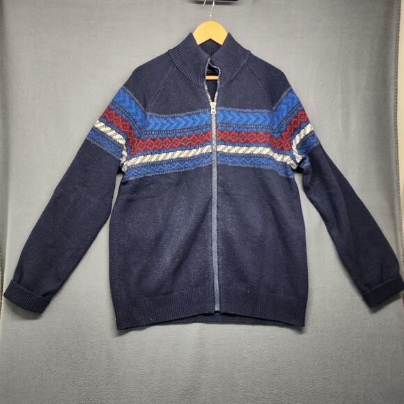 GAP Sweater Mens XL Navy Full Zip Mock Neck Fair Isle Lambswool Nylon Cardigan - Picture 1 of 16